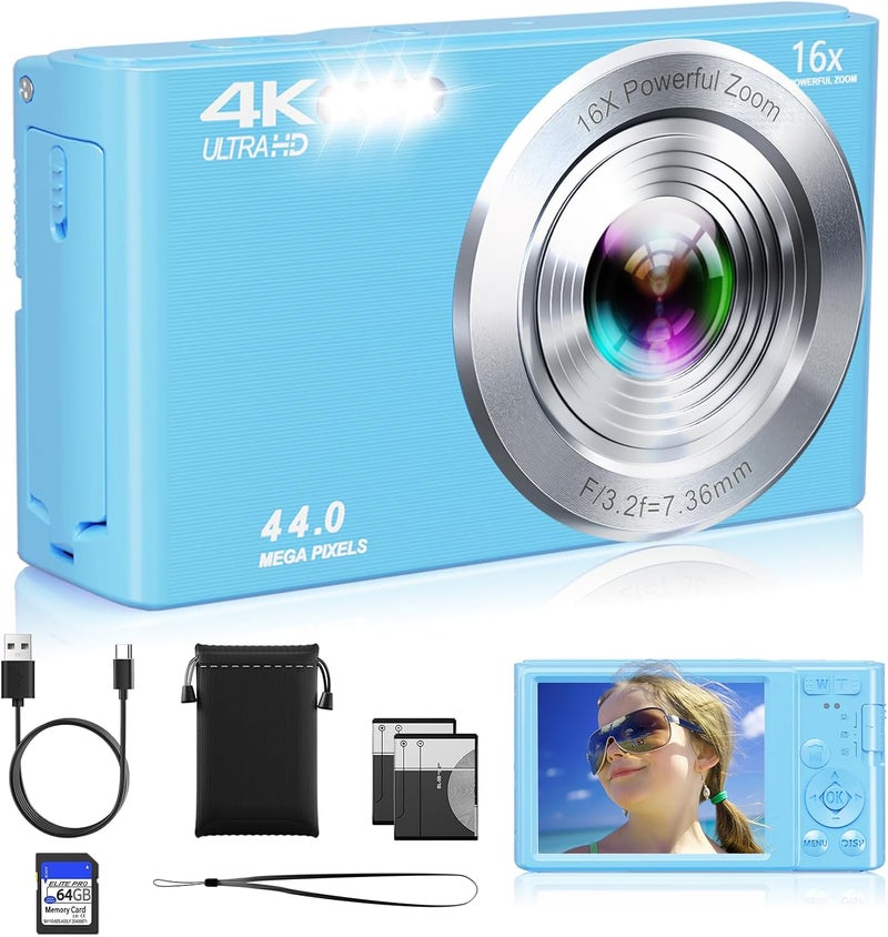 ceye Digital Camera, FHD 4K Compact Cameras with 64GB SD Card 2 Batteries, Portable Travel Digital Camera with 16X Autofocus Digital Zoom Small Camera for Teens Kids Boys Girls - Image 1